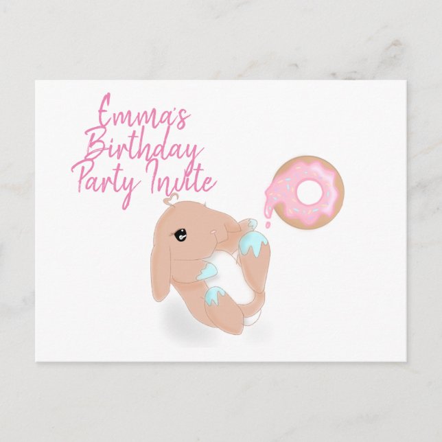 Cute Rabbit Cartoon Bunny Birthday Party Invite Postcard (Front)