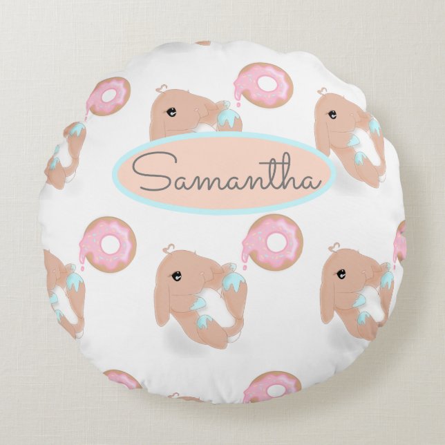Cute Rabbit Cartoon Bunny Doughnut Nursery Girls  Round Cushion (Front)