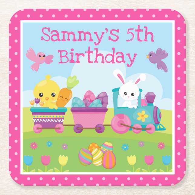 Cute Rabbit, Chick & Chocolate Eggs Train Birthday Square Paper Coaster (Front)