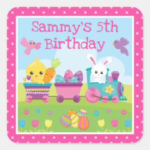 Cute Rabbit, Chick & Chocolate Eggs Train Birthday Square Sticker