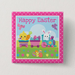 Cute Rabbit, Chick & Chocolate Eggs Train Easter 15 Cm Square Badge