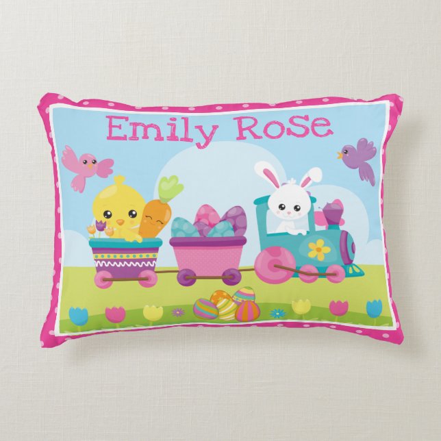 Cute Rabbit, Chick & Chocolate Eggs Train Easter Decorative Cushion (Front)