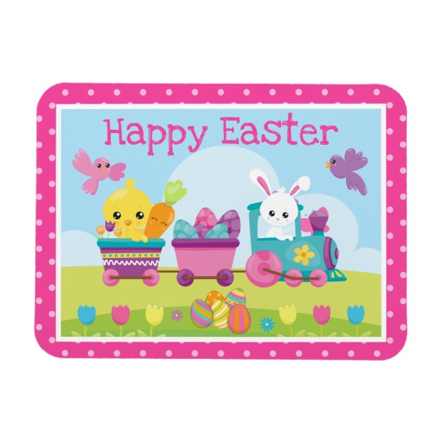 Cute Rabbit, Chick & Chocolate Eggs Train Easter Magnet (Horizontal)