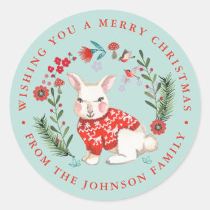Cute Rabbit Christmas Holiday Name blue Classic Round Sticker