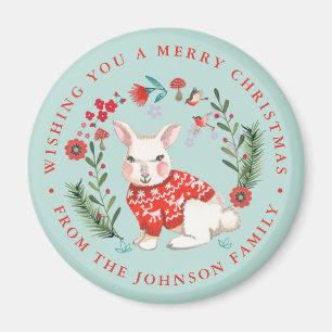 Cute Rabbit Christmas Holiday Name blue Magnet