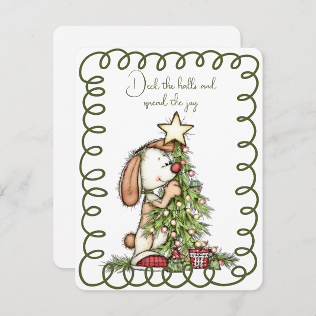 Cute Rabbit Decorating the Christmas Tree Holiday Card (Front/Back)