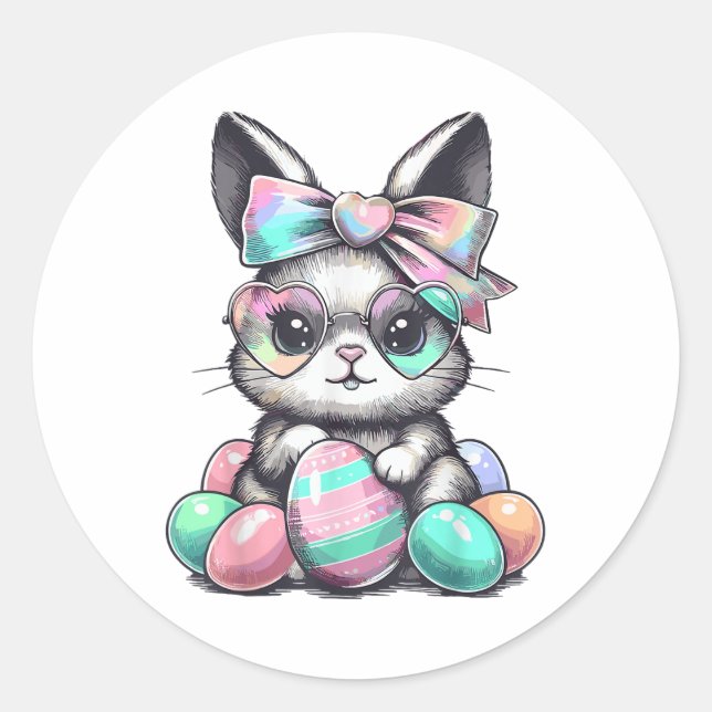 Cute Rabbit Face Tie Dye Gles Eggs Bunny Easter Da Classic Round Sticker (Front)