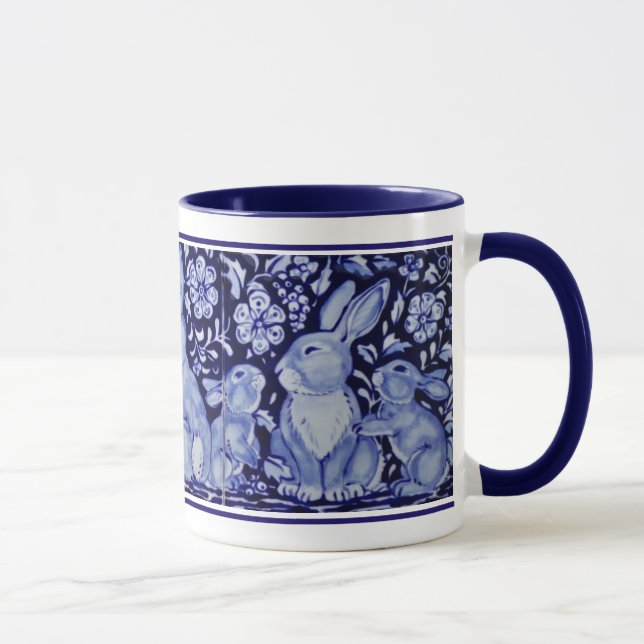 Cute Rabbit Family Blue White Delft Dedham Mug (Right)
