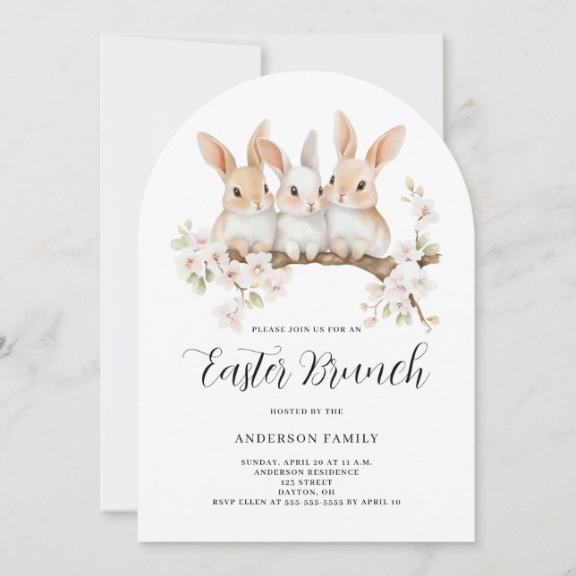 Cute Rabbit Floral Watercolor Easter Brunch Invitation (Front)