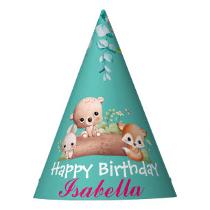 cute rabbit Fox zoo animals jungle Floral Birthday Party Hat