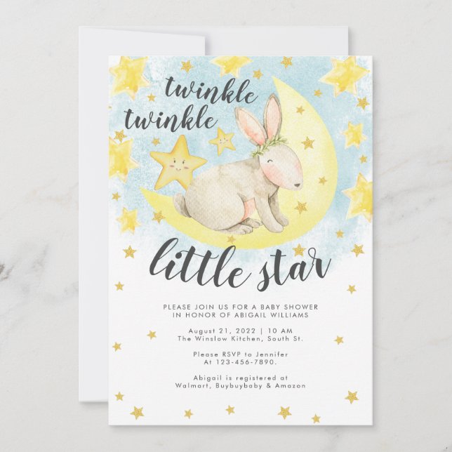 Cute Rabbit Gold Twinkle Little Star Baby Shower Invitation (Front)