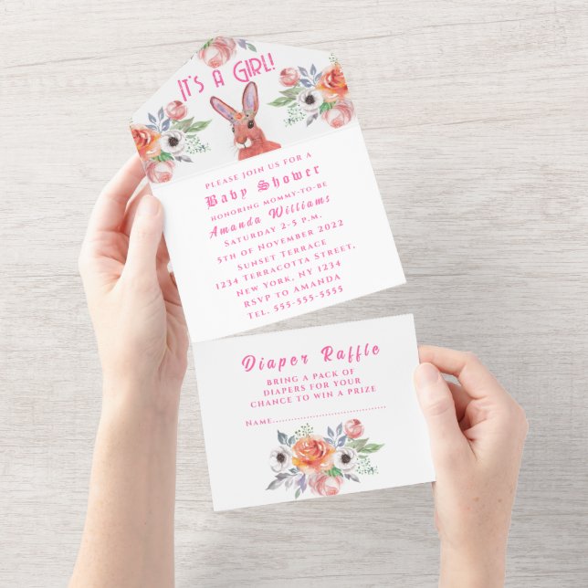 Cute Rabbit Hare Flowers It's a Girl Baby Shower A All In One Invitation (Tearaway)