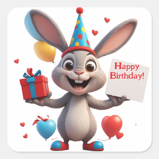 Cute Rabbit Holding Birthday Sign 🐇 Square Sticker (Front)