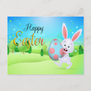 Cute Rabbit Holding Blue Pink Easter Eggs Holiday Postcard