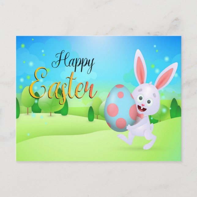 Cute Rabbit Holding Blue Pink Easter Eggs Holiday Postcard (Front)
