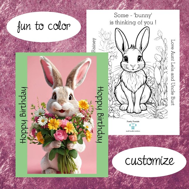 Cute Rabbit Hoppy Birthday Colouring Card (Fun Birthday Greetings - Ready to Color Illustrations from Artist Pansylee)