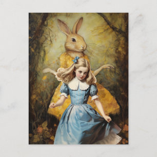 Cute Rabbit in a Yellow with Vintage Alice Postcard