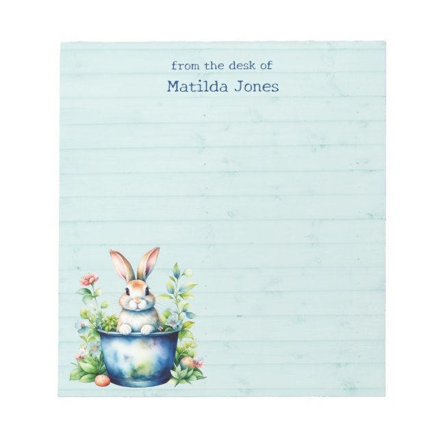 Cute Rabbit in Plant Pot, Watercolor Flowers Notepad (Front)