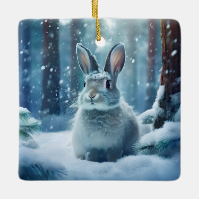 Cute Rabbit In Snow Covered Forest Ceramic Ornam Ornament (Front)