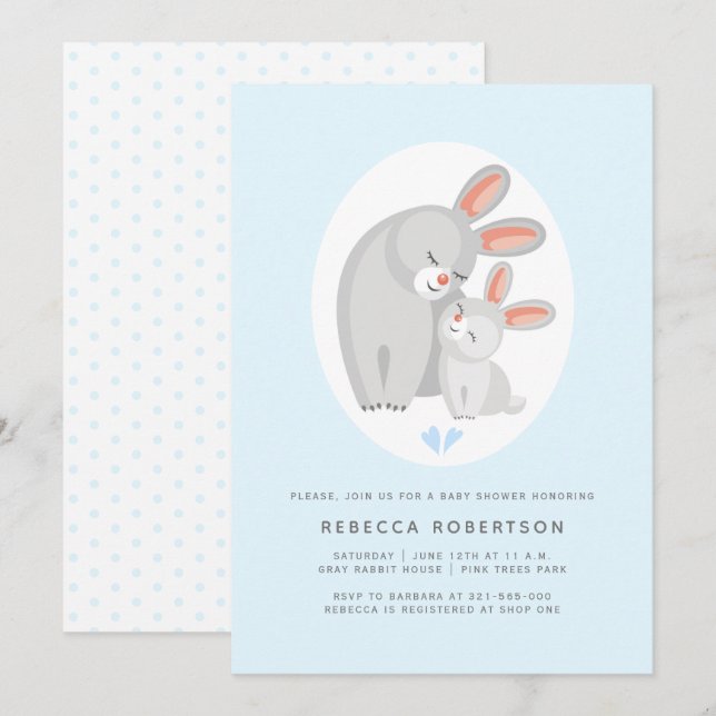 Cute rabbit mother and bunny blue baby boy shower invitation (Front/Back)
