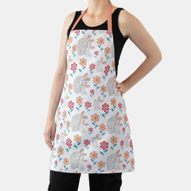 Cute rabbit mother and bunny, flowers pattern apron (Insitu)