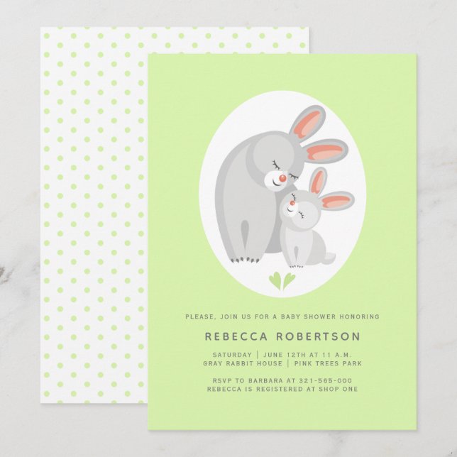 Cute rabbit mother, bunny pale green baby shower invitation (Front/Back)