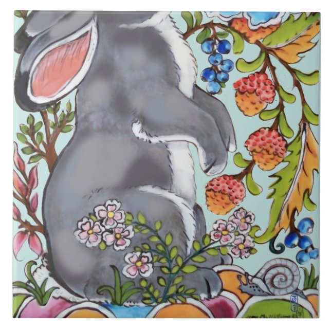 Cute Rabbit Mural Floral Aqua Bkgrd Bottom Half  Tile (Front)