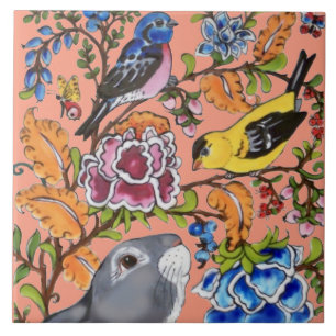 Cute Rabbit Mural Floral Coral Bkgrd Top Half   Tile