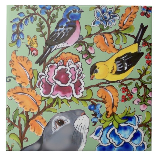 Cute Rabbit Mural Floral Green Bkgrd Top Half Tile (Front)