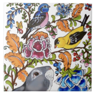 Cute Rabbit Mural Floral White Bkgrd Top Half Cer Tile