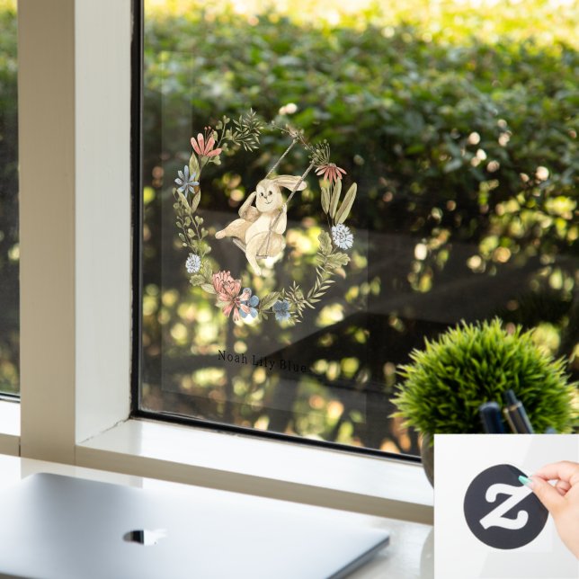 Cute Rabbit On A Swing Floral Wreath Name Sticker (Office)