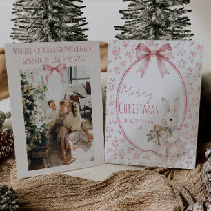 Cute Rabbit Pink Bow Whimsy Unique Merry Christmas Holiday Card
