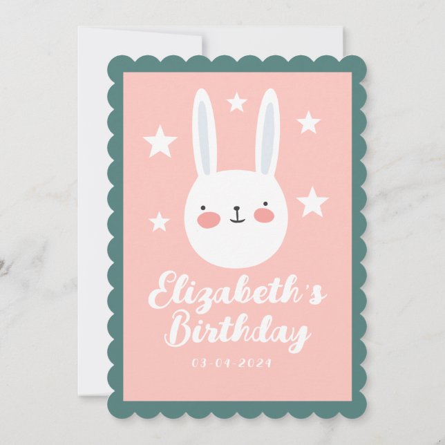 Cute Rabbit Pink Green Purple Stars Birthday Invitation (Back)