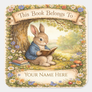 Cute Rabbit Reading a Book - Bookplate Square Sticker