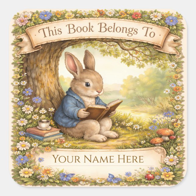 Cute Rabbit Reading a Book - Bookplate Square Sticker (Front)