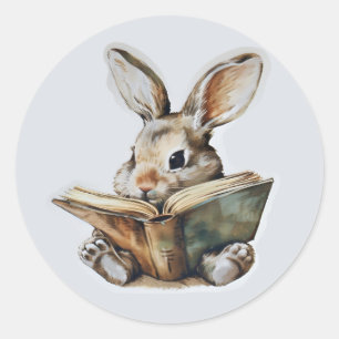 Cute rabbit reading book retro children classic round sticker