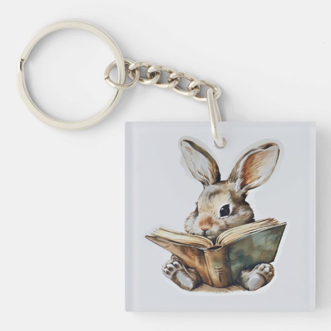 Cute rabbit reading book retro children key ring (Front)