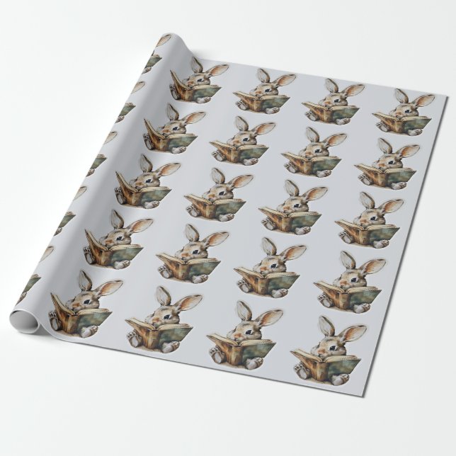Cute rabbit reading book retro children wrapping paper (Unrolled)