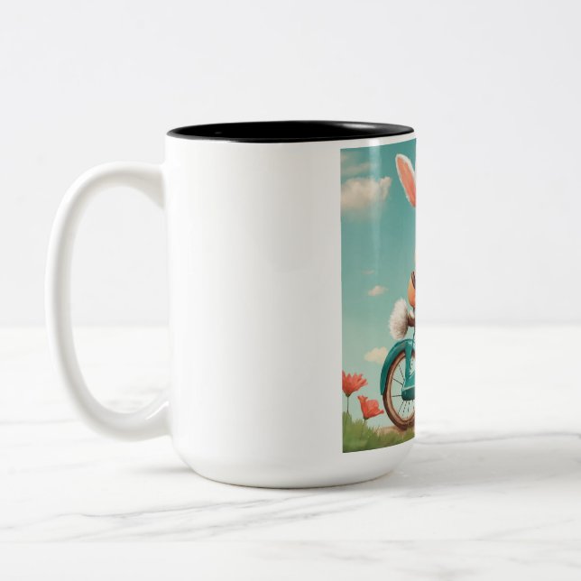 "Cute Rabbit Riding a Bike Mug" Two-Tone Coffee Mug (Left)