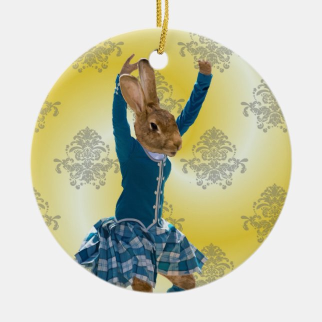 Cute rabbit Scottish highland dancer Ceramic Tree Decoration (Front)