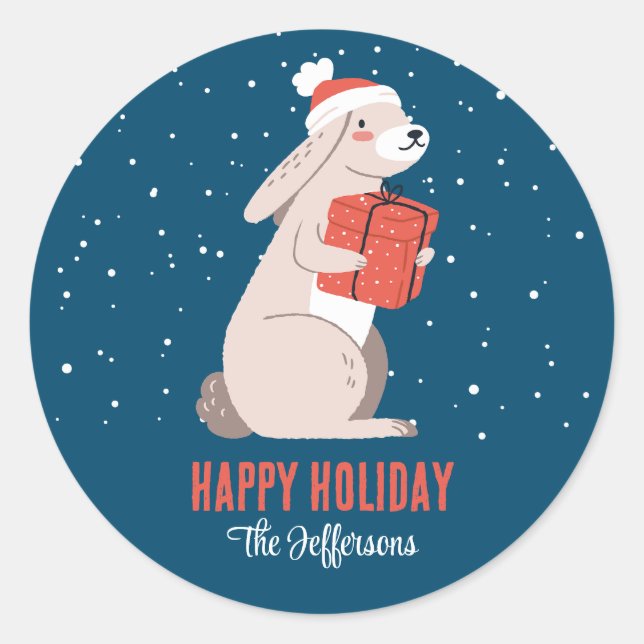 Cute Rabbit Snowy Winter Holiday Christmas Animal Classic Round Sticker (Front)