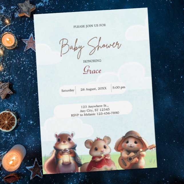 Cute Rabbit Squirrel Mouse Blue Baby Shower  Invitation (Creator Uploaded)