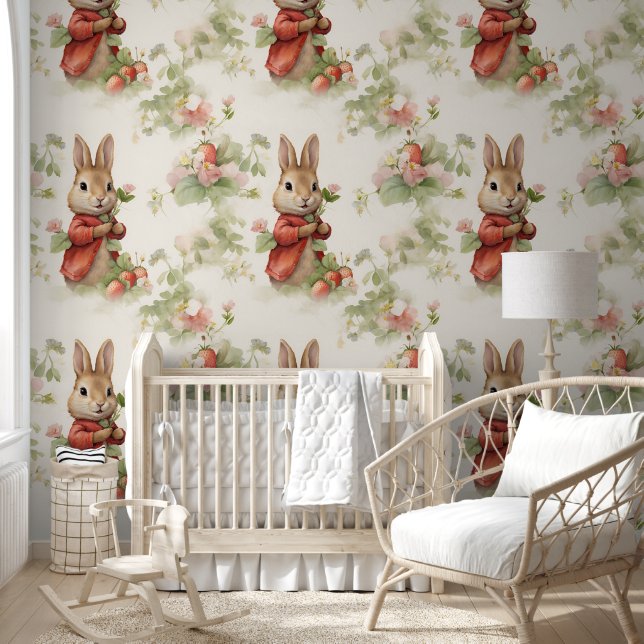 Cute Rabbit Strawberry Nursery Peel & Stick Wallpaper (Kids)