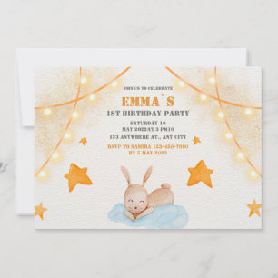 Cute rabbit watercolor Baby First Birthday party Invitation