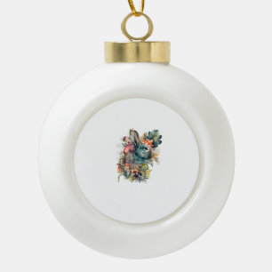 Cute Rabbit Watercolor with flower  Ceramic Ball Christmas Ornament