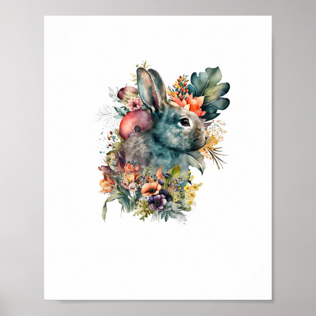 Cute Rabbit Watercolor with flower  Poster (Front)