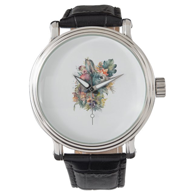 Cute Rabbit Watercolor with flower  Watch (Front)