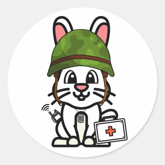 Cute Rabbit Wearing army helmet Classic Round Sticker (Front)