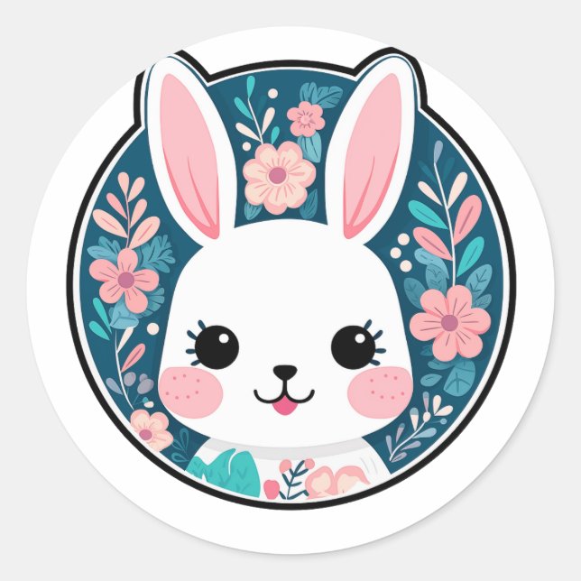 Cute Rabbit with Flower Pattern Classic Round Sticker (Front)