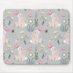 cute rabbit with flowers and butterflies mouse mat